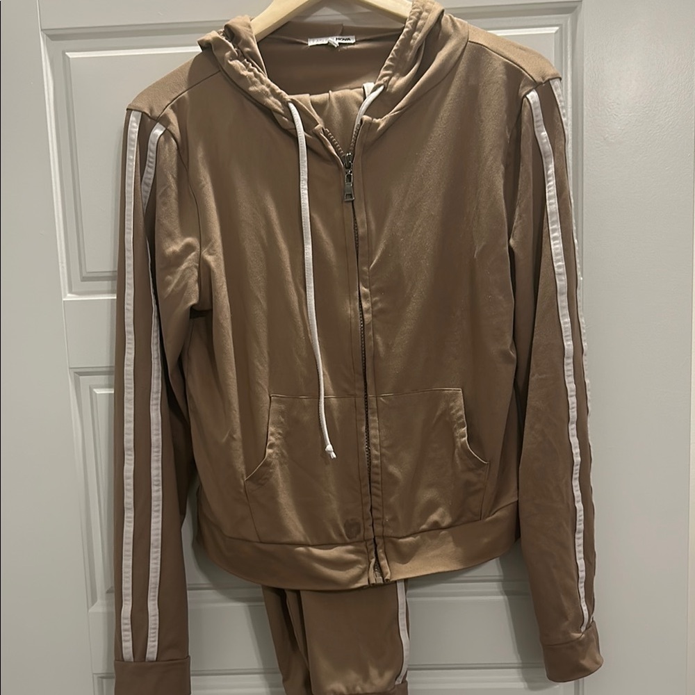 Fashion Nova Tan and White stripes tracksuit.